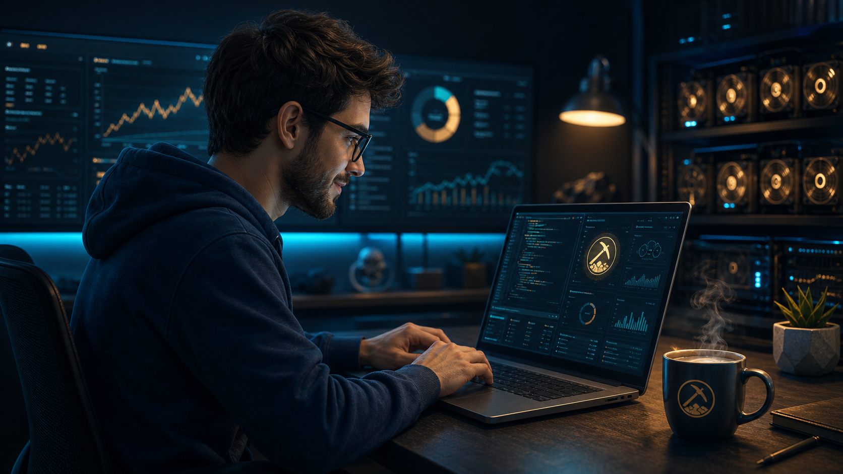 Smart Miners developer programming at a laptop with a cup of coffee